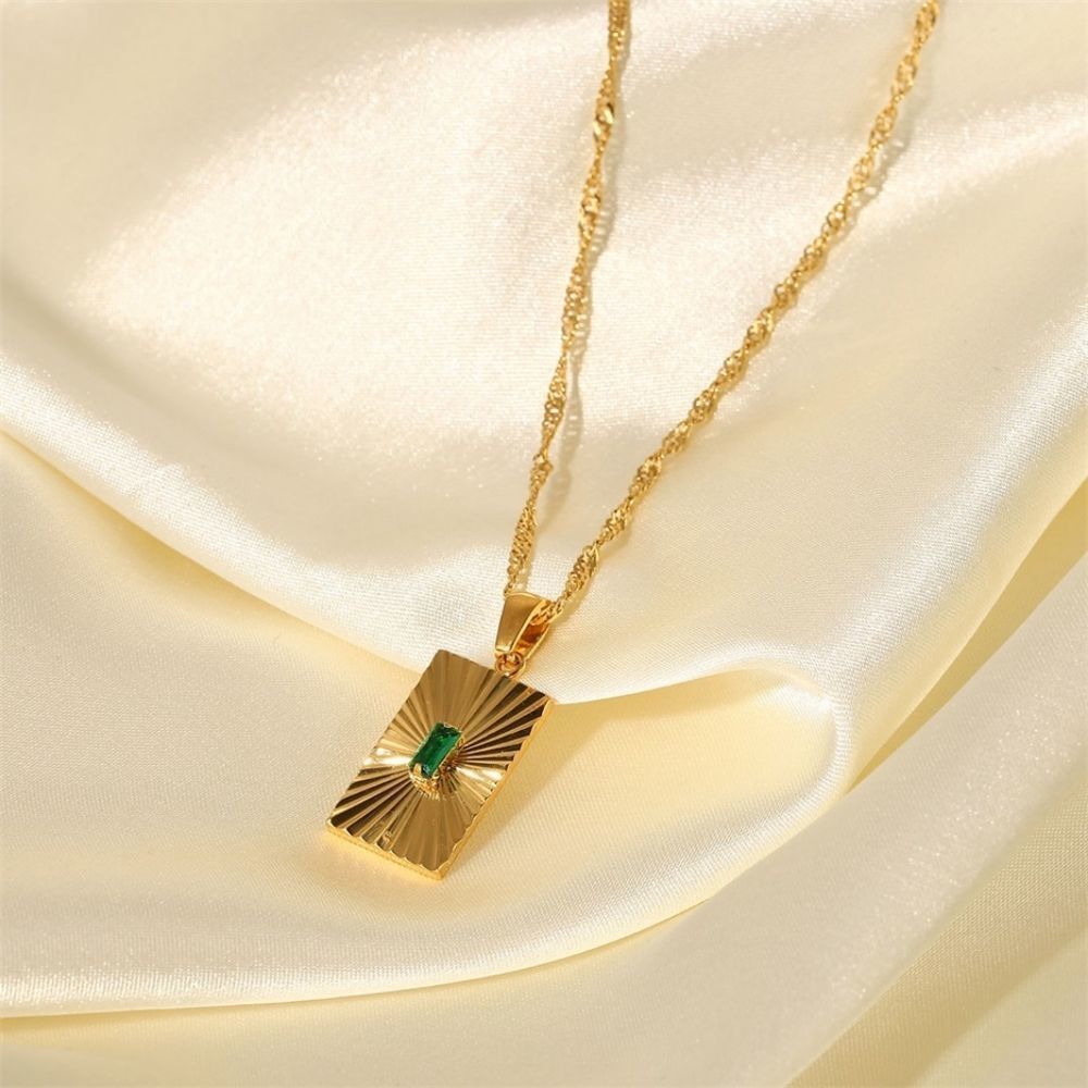 Emerald Green Cubic Zirconia 18K Gold Plated Stainless Steel Pendant Necklace - Picture 10 of 15